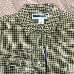US Expedition Plaid Button Up Outdoor Shirt Mens XL Yellowish Green Cotton